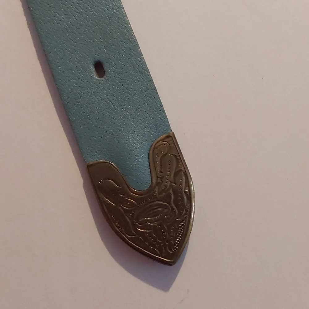 Vintage Ice Blue Leather Beaded aztec Design Belt Brass TONE Buckle Sz.M